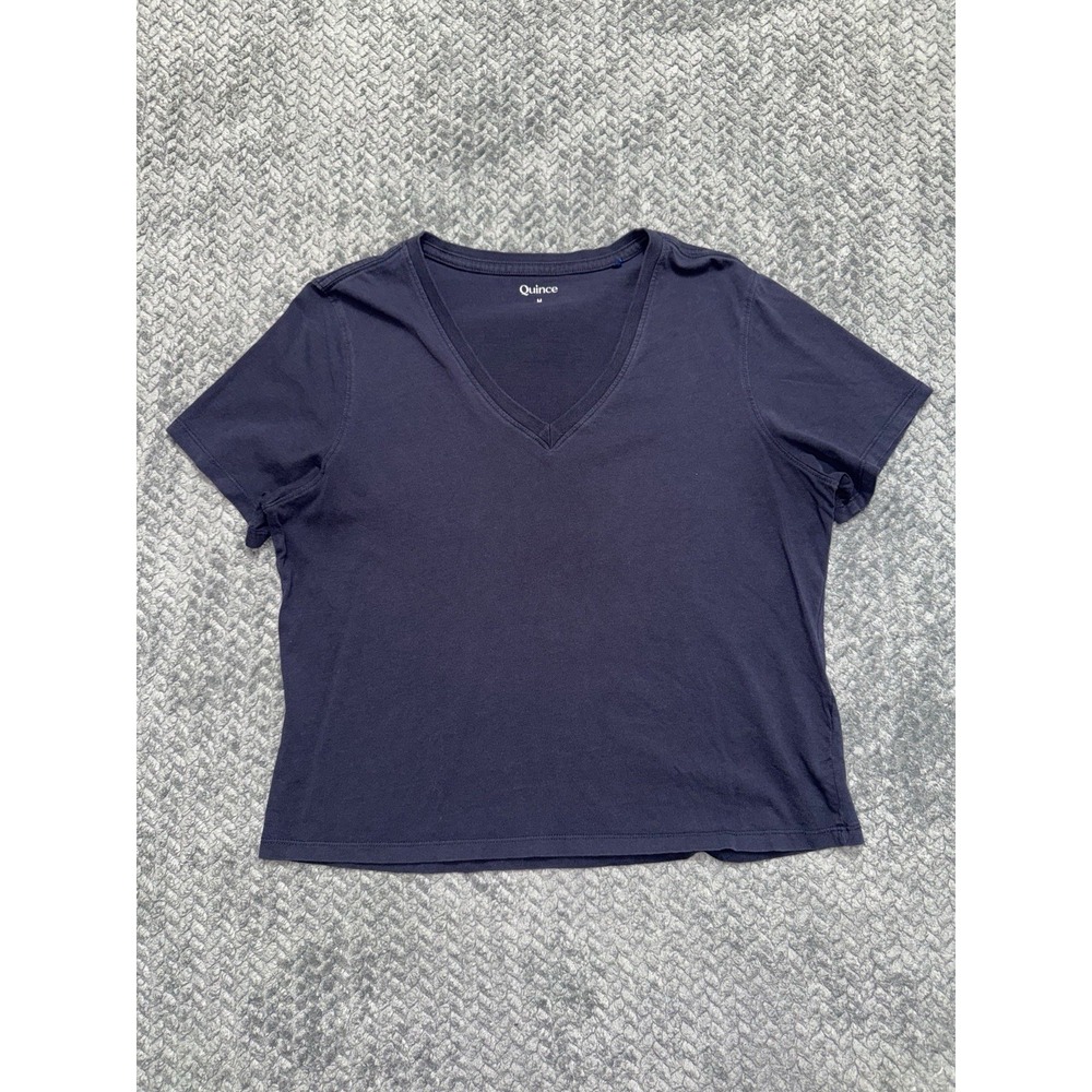 Quince Women's V-neck Short Sleeve Tee Navy Blue Size Medium